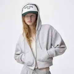 GU グレー パフスウェットフルジップパーカ M