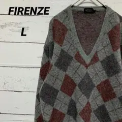 FIRENZE アーガイル柄 Vネックセーター 長袖　グレー／赤 L