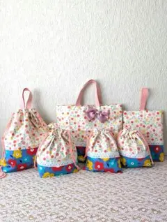 入学入園6点セット、さくらんぼ柄、レッスンバック☆上履き袋☆体操着袋、お弁当袋、