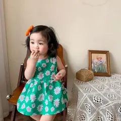 タイムセール　キッズ　花柄ワンピース　女の子　グリーン