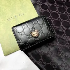 ◇激レア美品◇グッチ　キャットヘッド×シマレザー　コンパクト折り財布　ブラック