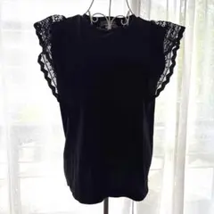 ロペピクニックブラック レース付きフリルカットソー