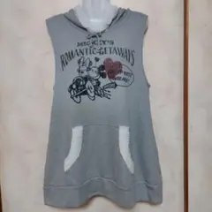 レディースベスト　ロング　フード付き　ミッキーマウス　グレー