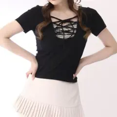 【新品】 NICE CLAUP レースアップテレコトップス Tシャツ ブラックのサムネイル