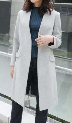 【美品】nano・universe Vネック ノーカラーコート グレー