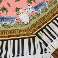 希少●布 ピアノとネコ 猫 鍵盤柄 幅110×50cm 綿 オックス ピンク