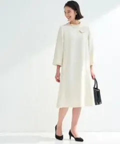 【着用1回のみ美品】グリーンレーベル　ツイードフリンジワンピース　オフホワイト