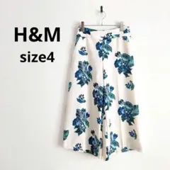 H&M▶花柄ワイドパンツ 白 青 クロップド丈 サイズ4