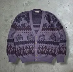 【希少/日本製】Moare 総柄 ウールカーディガン LL パープル
