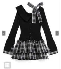 チェック柄ドッキングワンショルダーリボンフリルニットワンピース[pm785]