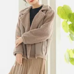 JUNOAH ボアジャケット 切替フェイクムートン ミドル丈 暖か モカ M