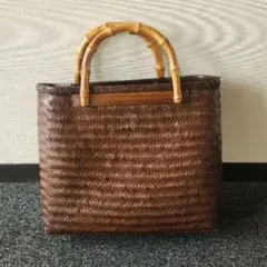バンブーハンドル かごバッグ ダークブラウン 中型