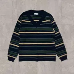 ボーダーニット 長袖 Vネック マルチボーダー ネイビー系 カジュアル 薄手