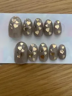 ハート型金箔付きオーバルネイルチップ　ハートネイル　イベントネイル　10個セット