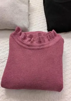 ツムグ☆ランダムリブニットフリルハイネック☆ピンク☆手洗い可☆美品です