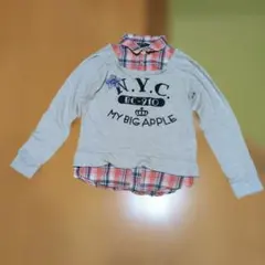 BLUECROSSプリント長袖重ね着風カットソー（グレー）