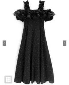 ドット柄フリルオフショルダーフレアロングワンピース[ru1165]