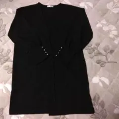 ピュアラスト黒ロングカーディガン 袖パールボタン付きLサイズ