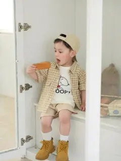 キッズ チェック柄シャツ 半袖 トップス 帽子4点セット