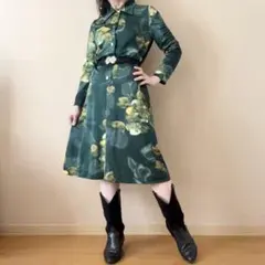花柄 水彩タッチ タイトワンピース 昭和レトロ ヴィンテージ 一点物 深緑 黄色