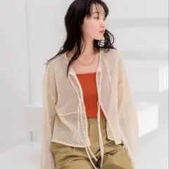 LOWRYS FARM 2WAYメッシュリボンカーデロングスリーブ　ショート丈