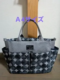 グレー帆布◆水彩ドット◆Ａ4◆ポケット沢山トートバッグ◆ハンドメイド◆
