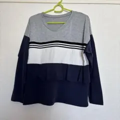 ストライプフリル長袖トップス グレー/ネイビー