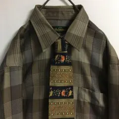ネクタイシャツ 古着 チェック柄ウールシャツ レトロ花柄シルクネクタイ