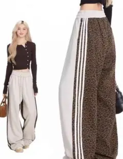 レオパード　ヒョウ柄　サイドライン トラックパンツ カジュアル ジャージ　白
