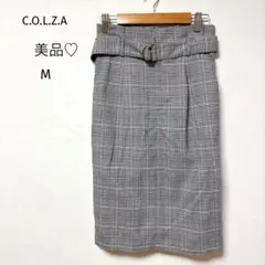 コルザ　チェック柄タイトスカート　ベルト付き　ウエストゴム　大人可愛い　ひざ丈Mのサムネイル