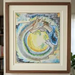 No.484 F3キャンバス 原画 龍神絵画 龍神様 白龍 開運絵画 蓮 蓮の絵