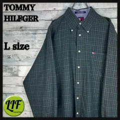 トミーヒルフィガー 刺繍ロゴ 長袖 BDシャツ チェック柄 深緑 L 5742