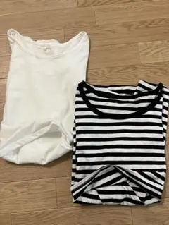 授乳服 半袖トップス　2枚セット　ホワイト未使用、白黒ストライプ