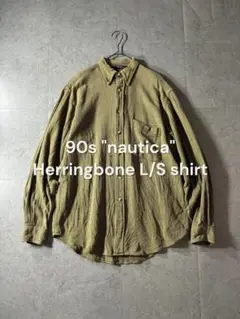 90s nautica ネルシャツ ヘリンボーン ベージュグリーン 長袖