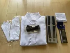 結婚式　新郎小物8点セット　ストライプシャツ　ブラックボウタイ　蝶ネクタイ