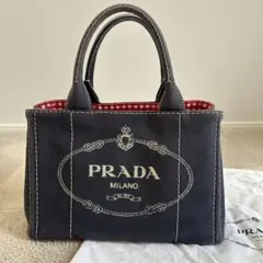 PRADA プラダ カナパ ネイビー×レッドチェック キャンバス トートバッグ