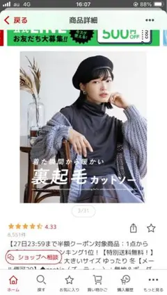 裏起毛ハイネックカットソー