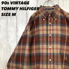 90sヴィンテージ古着 トミーヒルフィガー　茶系チェックBDネルシャツ　サイズM