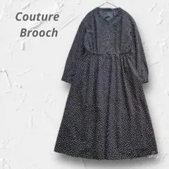 □4925【クチュールブローチ】総柄フレアロングワンピース Vネック 長袖 黒