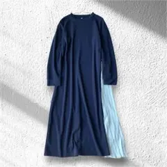 ロングワンピース サイドプリーツ サイドベルト クルーネック 長袖 L