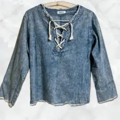 [LEPSIM ]ライトブルー レースアップトップス 綿100% シャツMサイズ