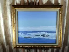 額付き油彩絵画 風景＊灯台と海 エメラルドグリーン ハマナス 角島