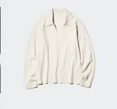 ユニクロ　ウォッシャブルニットリブポロセーター Vネック オフホワイト アイボリ
