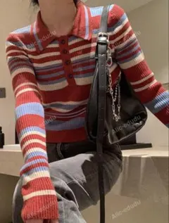 ストライプ ポロネック ボトンフロント リブニットセーター