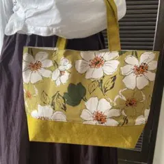 ［値下げ］グリーン花柄×帯　トートバッグ