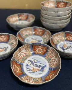 古伊万里 金欄色絵 献上 桃手紋 膾皿 角富 5客 九谷・輪島塗・李朝
