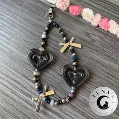 BK14☪︎　スマホストラップ　ビーズ　キーホルダー　y2k　リボン　黒　ハート