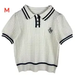 美品　ホワイト ケーブル編みニット ポロシャツ M シロ