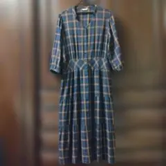 RoseTiara 紺色とオレンジのチェック柄ティアードロングワンピース　46