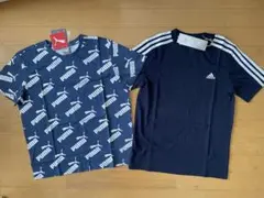 新品 150 半袖Tシャツ2枚 PUMA 総柄ロゴ アディダス 3ストライプ 紺
